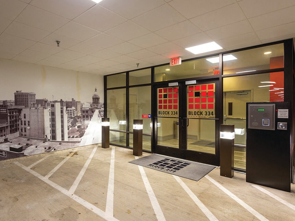 Parking garage entry at Block 334 Apartments