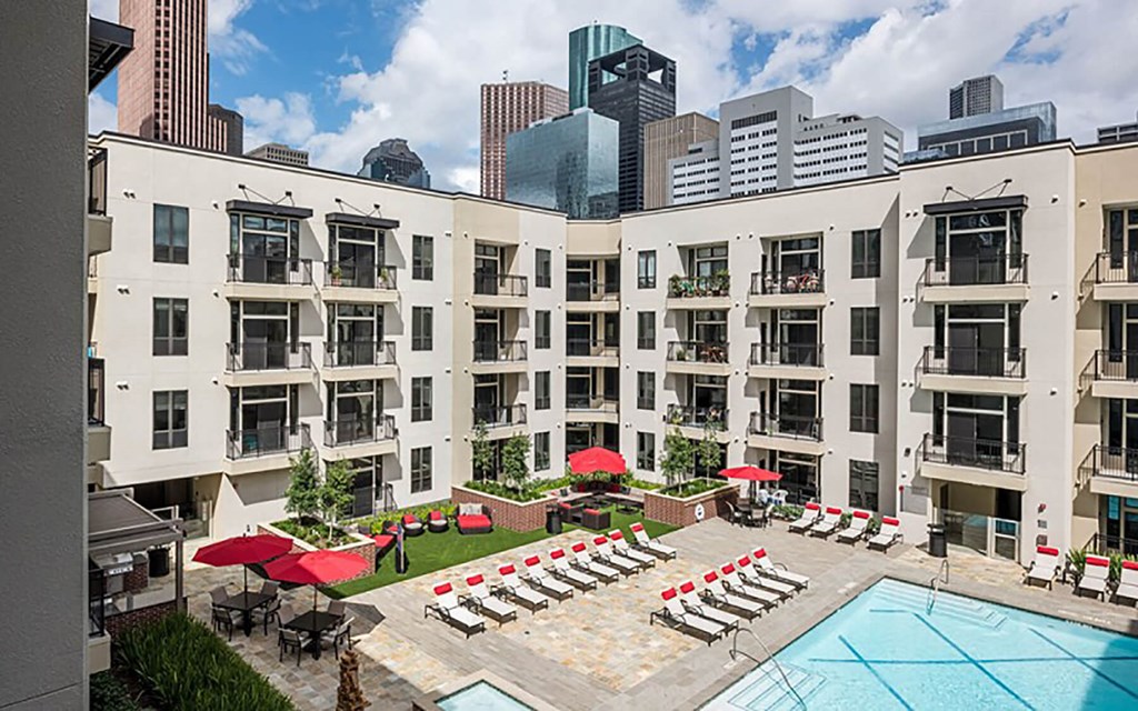 Aerial view of Outdoor swimming pool at Block 334 Apartments in Houston TX