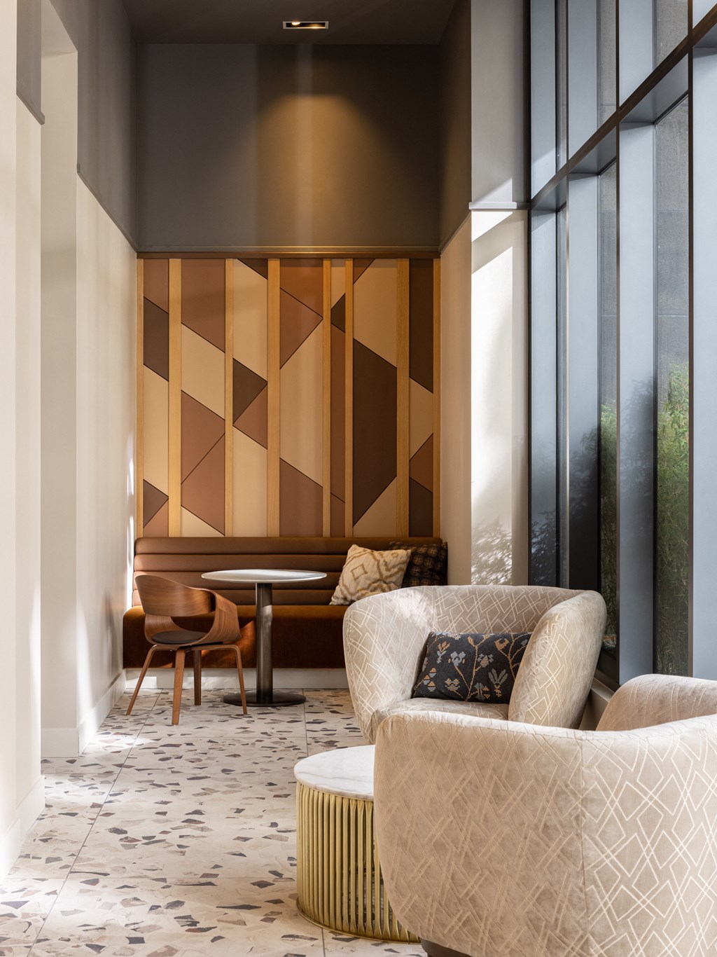 a living room with a couch and a table