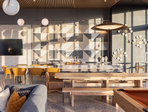 a rendering of a restaurant with tables and chairs and a large window