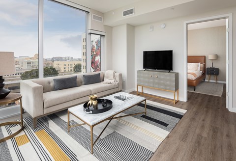 a living room with a couch and a coffee table and a television