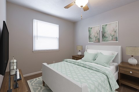 a bedroom with a bed and a ceiling fan