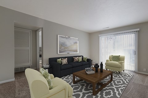a living room with a couch and a coffee table