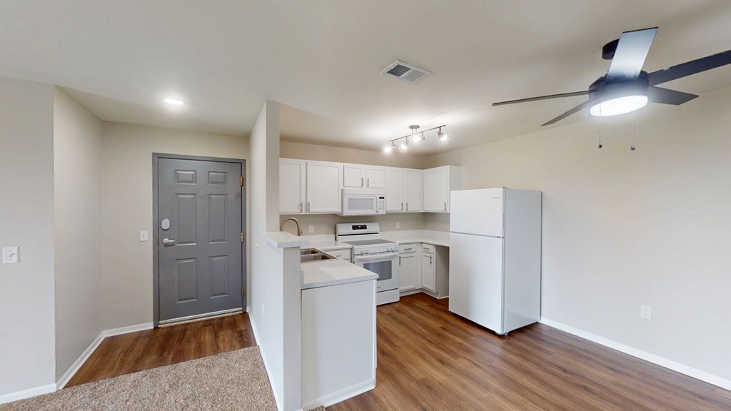 A kitchen with white cabinets and a grey door.