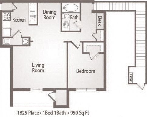 A3 Floorplan - 1 bed, 1 bath, 950 square feet. A3 Floorplan - 1 bed, 1 bath, 950 square feet.