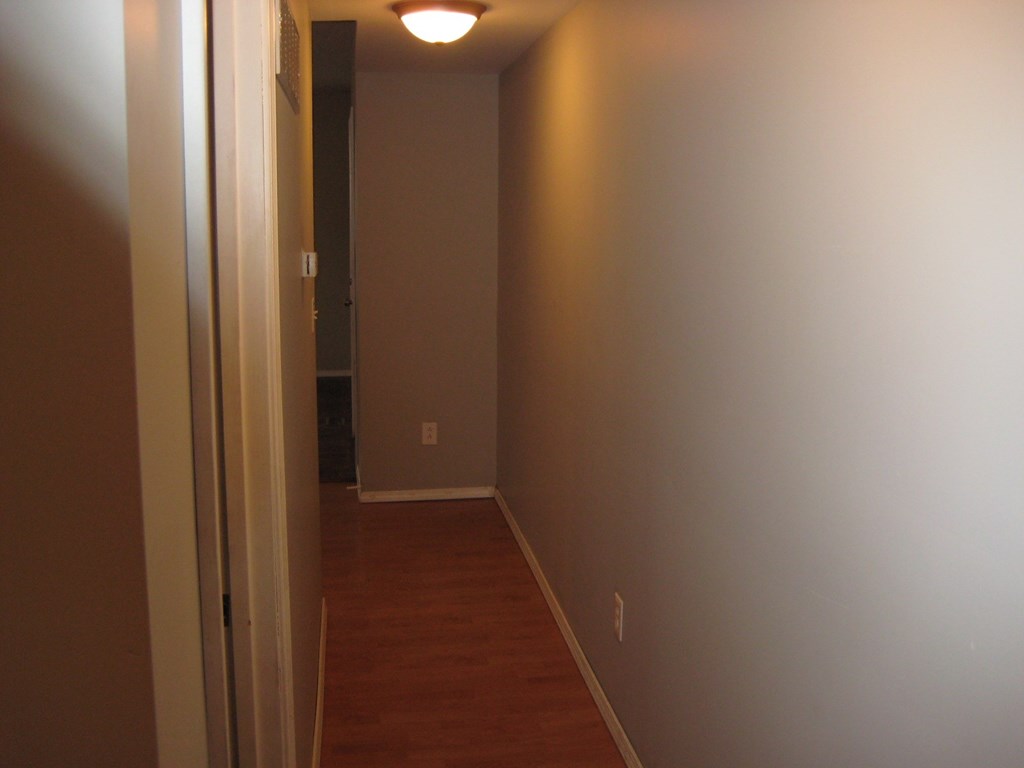a hallway with a wooden floor and a light on the ceiling