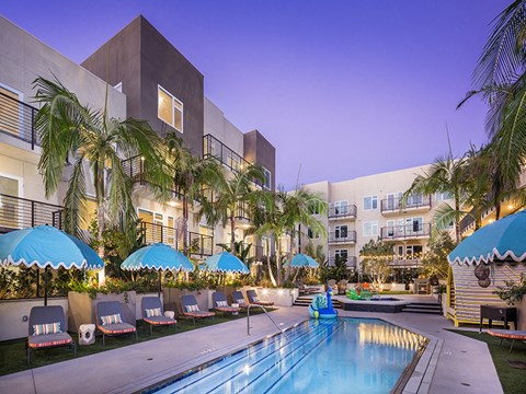 Outdoor lounge area and pool at Vida North Park, San Diego, CA, 92104