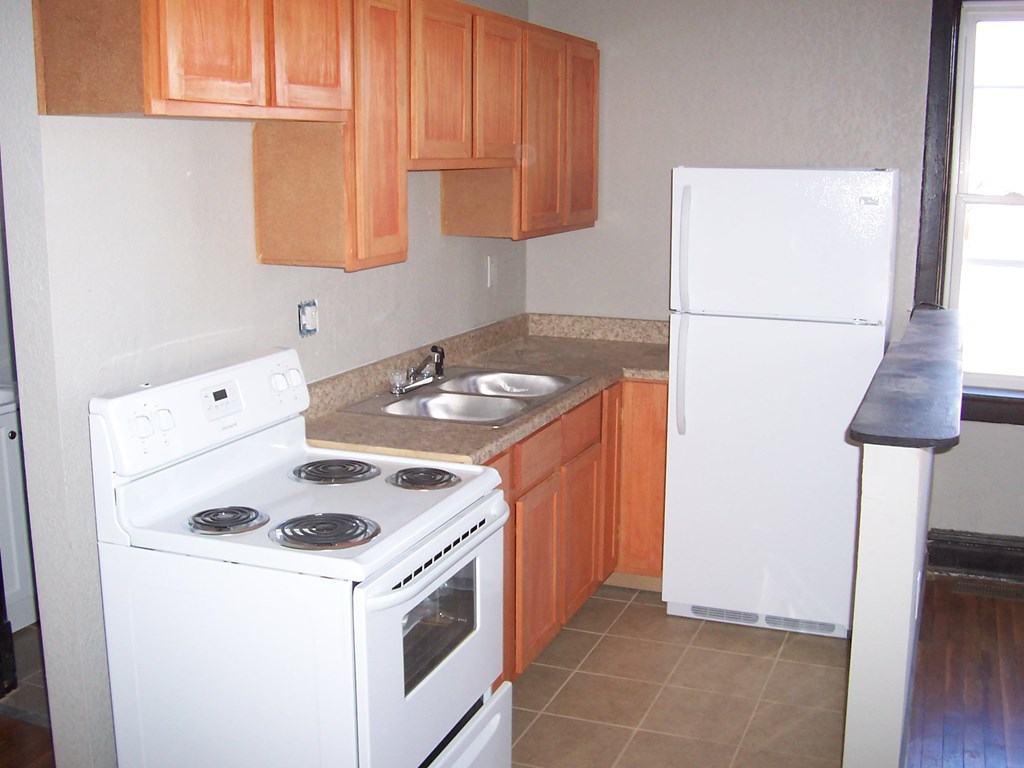 a kitchen with a stove and a sink and a refrigerator