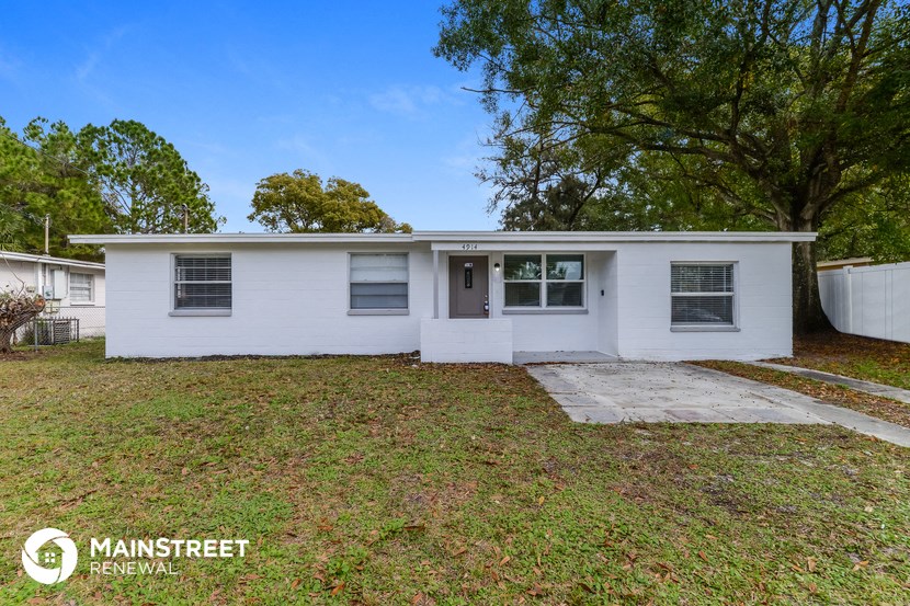a small white house with a lawn and trees