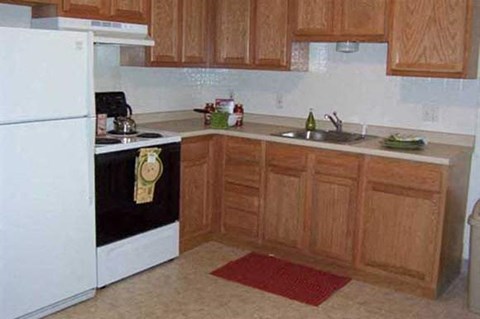 a kitchen with a stove refrigerator and a sink