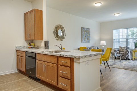 a kitchen with wooden cabinets and a counter top with a sink