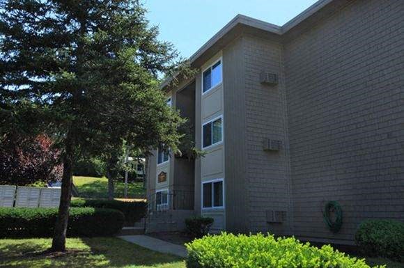the side of an apartment building with a tree in the yard