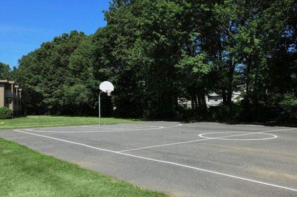a basketball court in a park with trees
