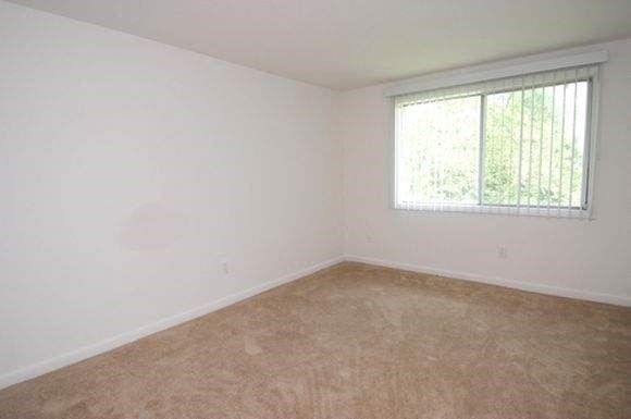 an empty room with a window and a carpet