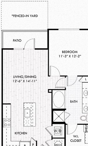 The Romo + fenced in yard. 1 bedroom apartment. Kitchen with bartop open to living/dinning rooms. 1 full bathroom double vanity. Walk-in closet. Patio/balcony open to yard.
