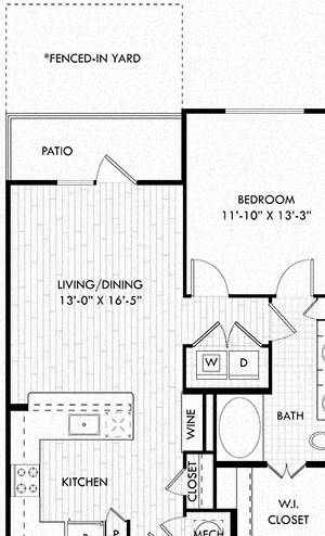 The Witten + fenced in yard. 1 bedroom apartment. Kitchen with bartop open to living/dinning rooms. 1 full bathroom double vanity. Walk-in closet. Patio/balcony open to yard.