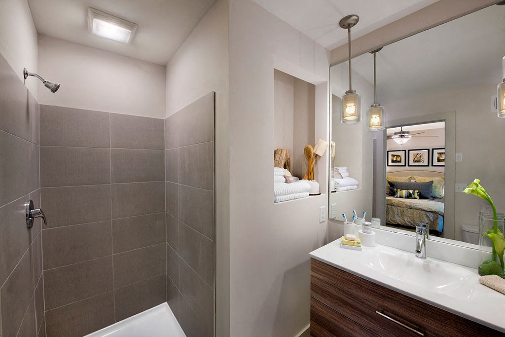 a bathroom with a sink and a shower and a mirror