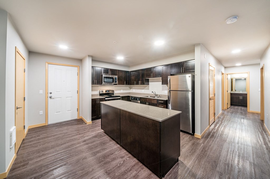a kitchen with stainless steel appliances and black cabinets