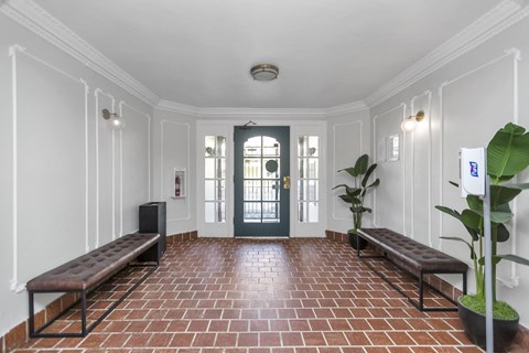 A hallway with a bench and a plant.