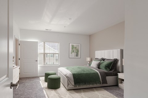 a bedroom with a bed and two stools