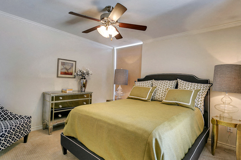 Second bedroom with plush carpet and ceiling fan