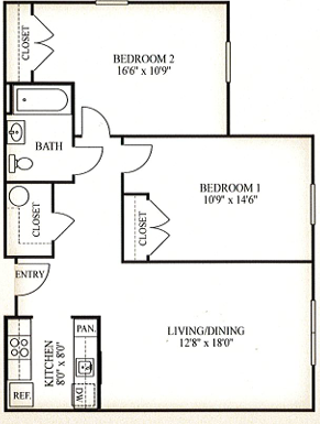 A floor plan of a two bedroom apartment with a living/dining area.