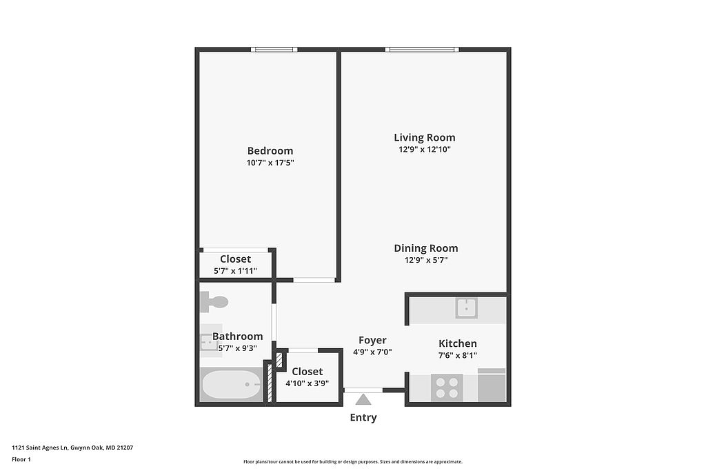 A floor plan of a one bedroom apartment with dimensions.