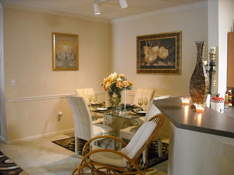 model furnished dining room with track lighting