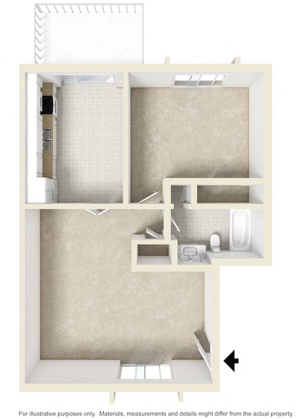 1BR_3D Mountain Woods Apartments in Birmingham, Alabama Homewood neighborhood 1 bedroom floor plan