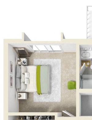 2x2-3D_WD Two Bedroom, Two Bathroom 950 sqft apartment with washer and dryer connections closet in dining room