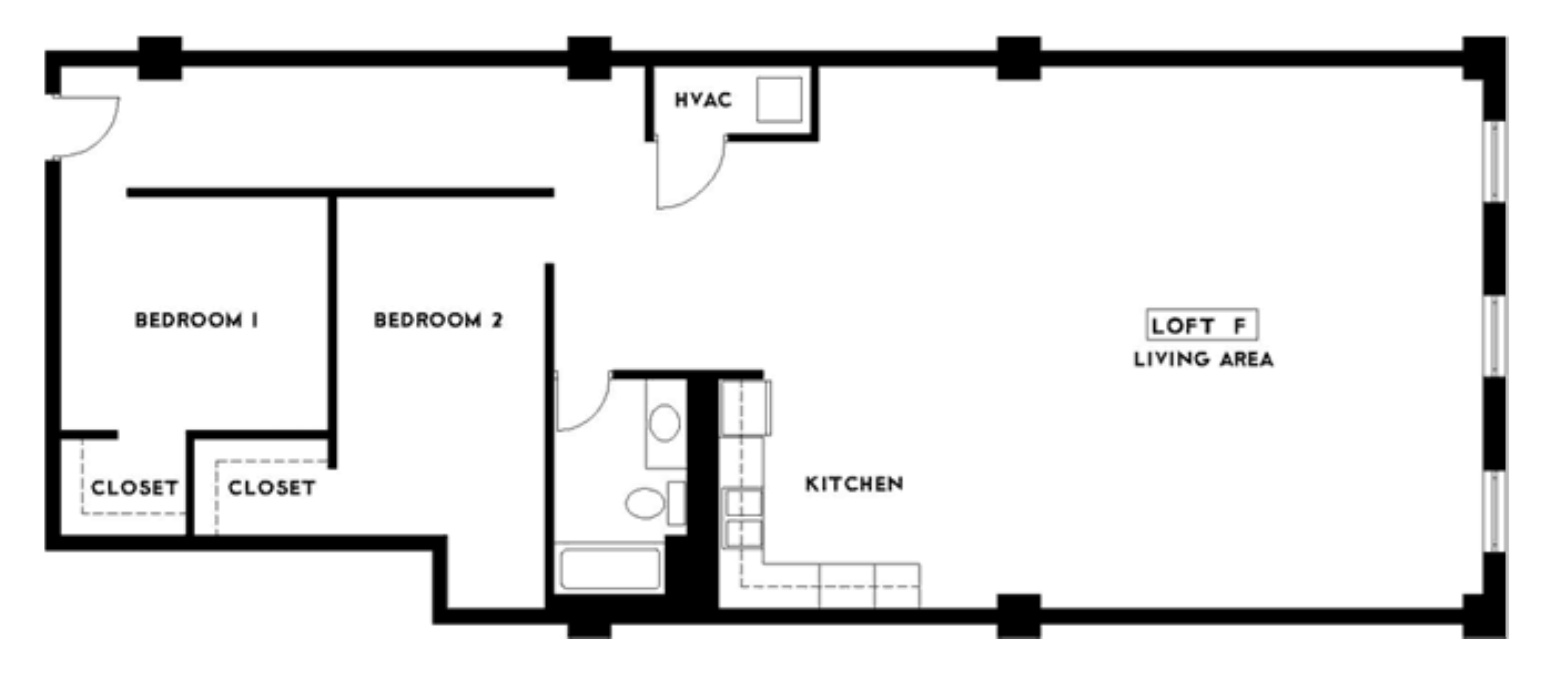 Phoenix 1-F The Phoenix Building Lofts in Birmingham, Alabama 35203 two bedroom one bathroom apartment floor plan