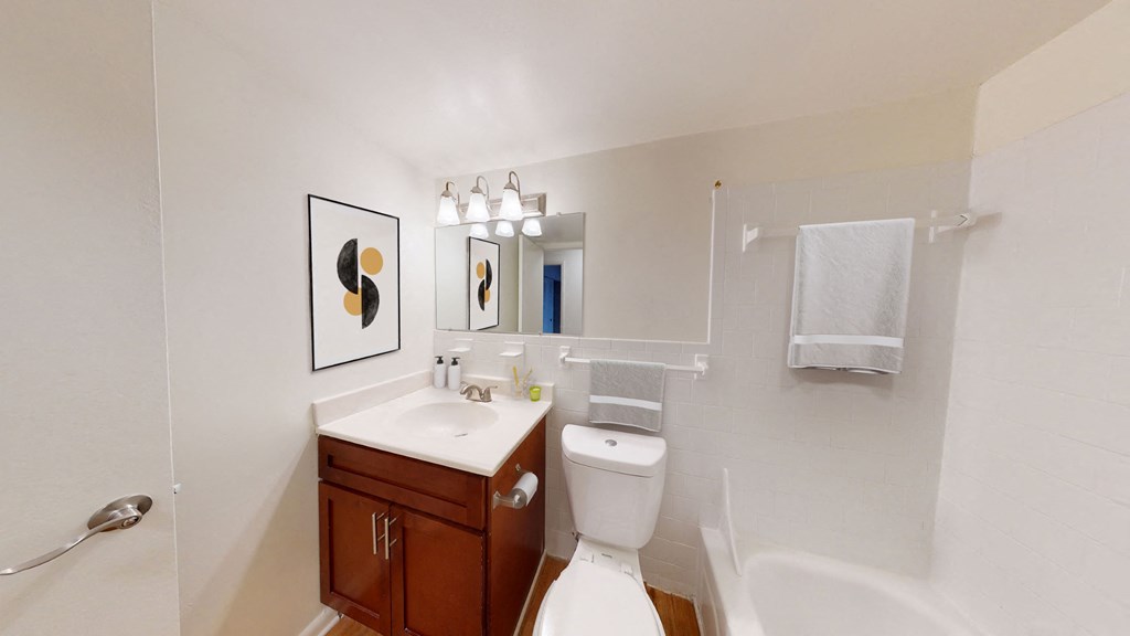 a bathroom with a sink toilet and a bath tub