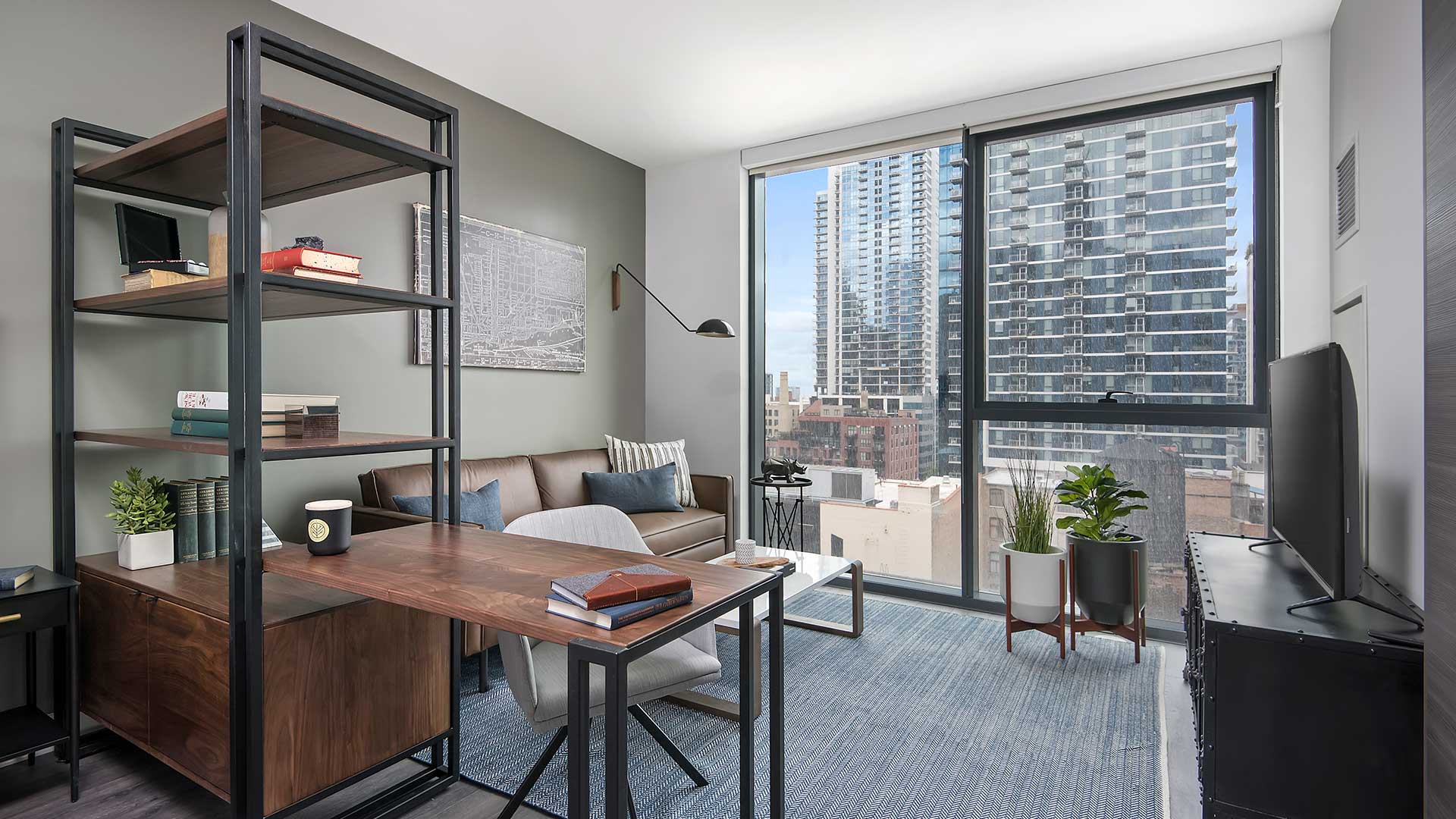 Looking into the living area in a Hubbard221 residence. A desk, bookcase and couch are on the left; a television and two potted plants are on the right. The far wall is a floor-to-ceiling window with