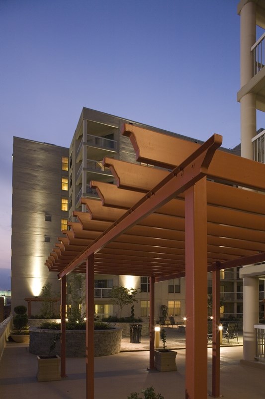 a view of the outside of a building at night