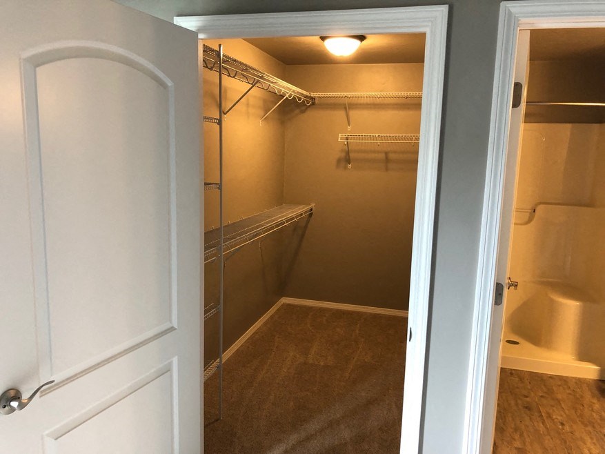 a bathroom with a shower and a toilet and a white door