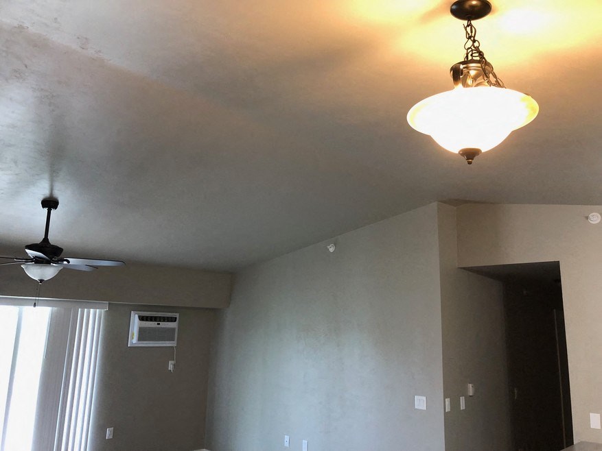 a light fixture and a ceiling fan in a living room