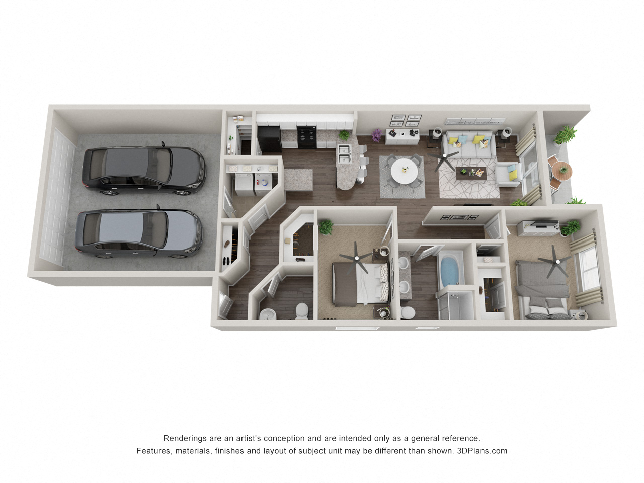 Vintage Visalia 2 Bedroom 3D Floorplan