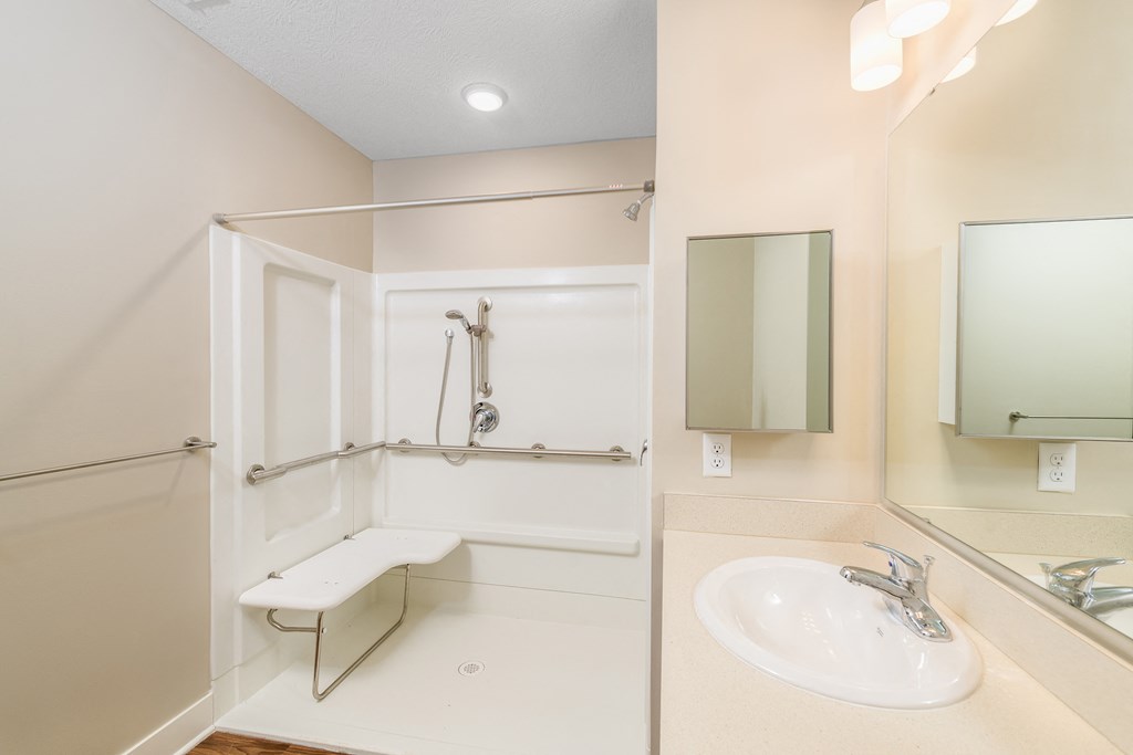 a bathroom with a shower and a sink and a mirror