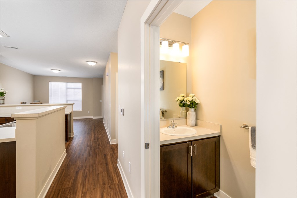a bathroom with a sink and a mirror
