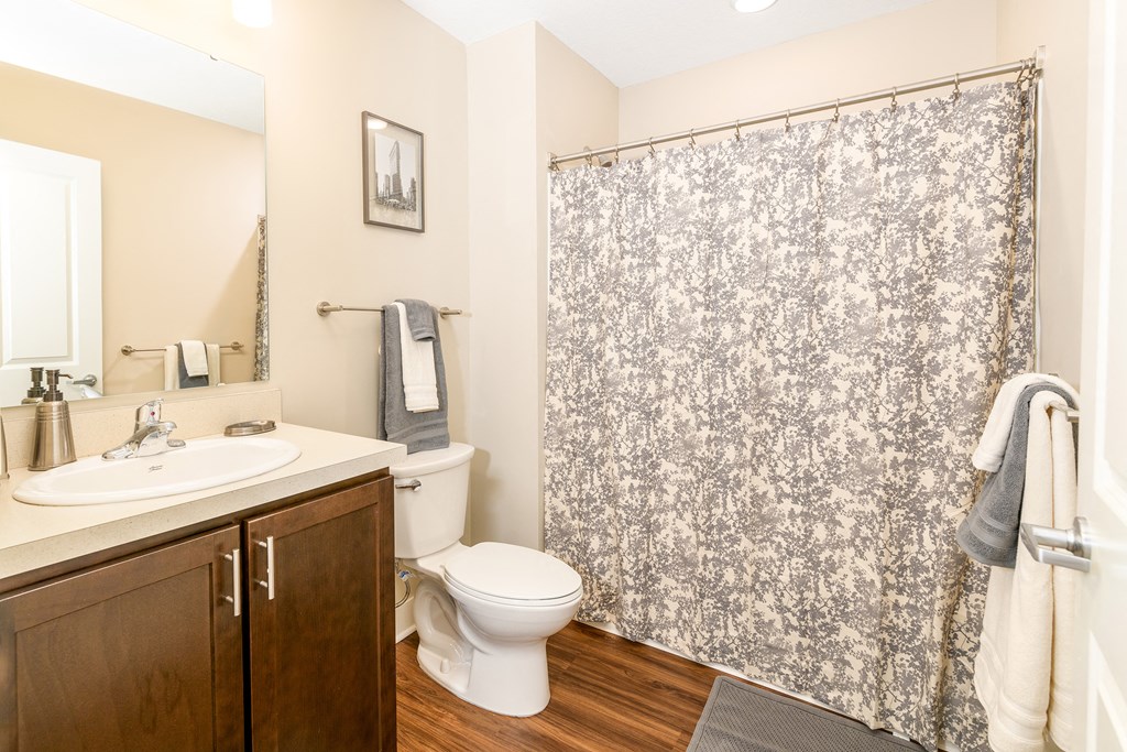 a bathroom with a shower curtain and a toilet and sink