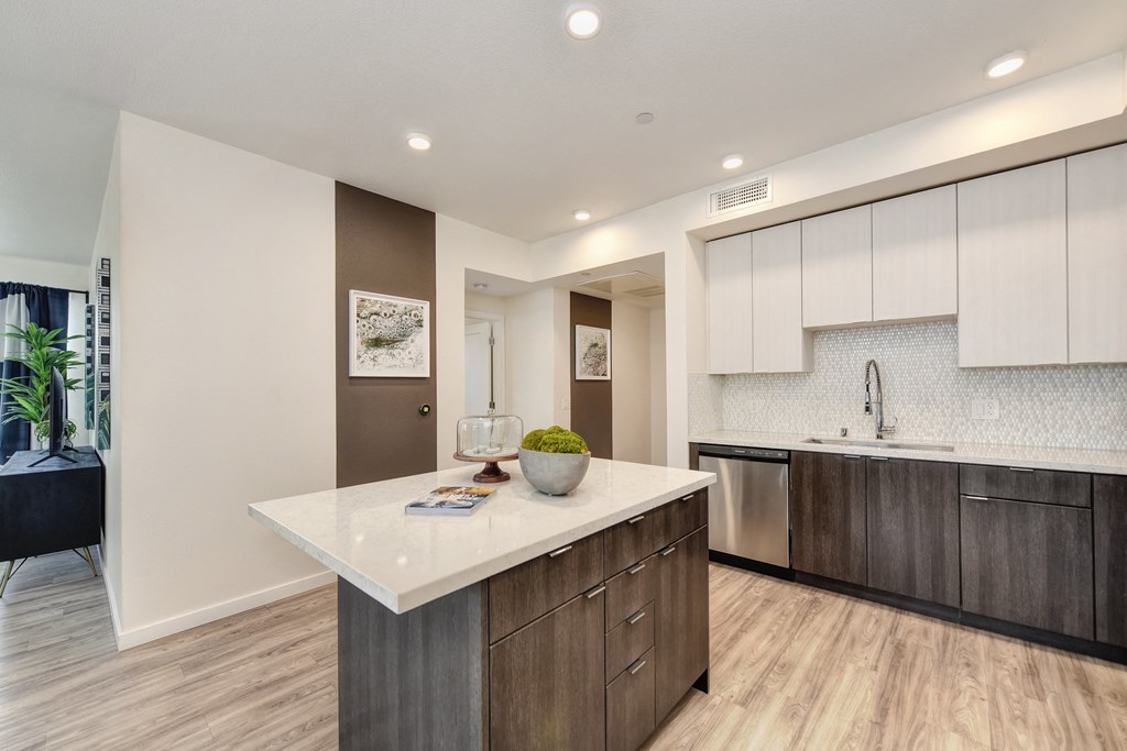 Model home kitchen with dark cabinets on the bottom and white cabinets towards the top.  Stainless steel dishwasher and pull-out kitchen faucet at Morgan Ranch Apartments, Morgan Hill, CA