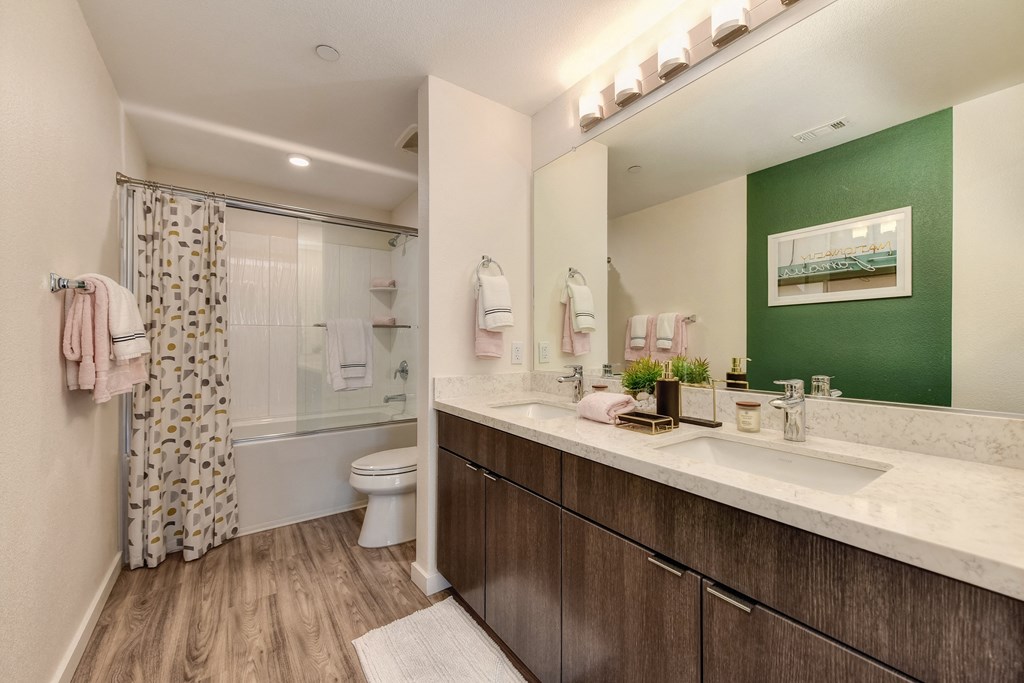 Bathroom with large counter space and several sets of cabinets beneath the counter.  Harwood inspired flooring and green accent wall at Morgan Ranch Apartments, Morgan Hill, CA, 95037