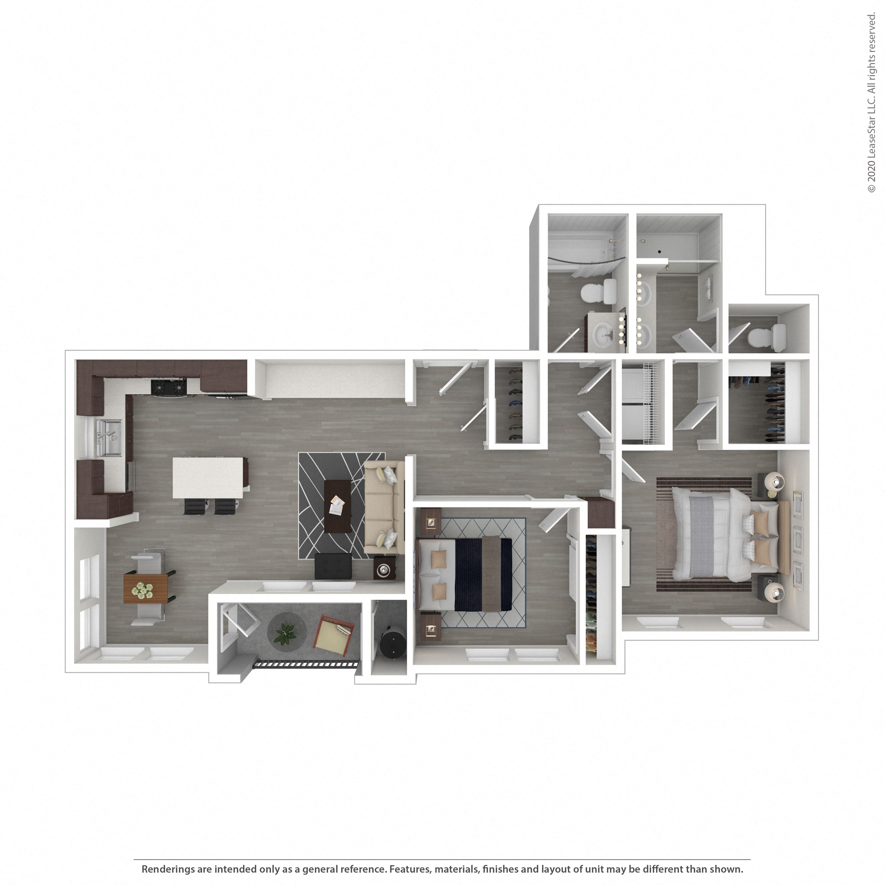 2 Bedroom, 2 Bathroom Floor Plan D at Morgan Ranch Apartments, California
