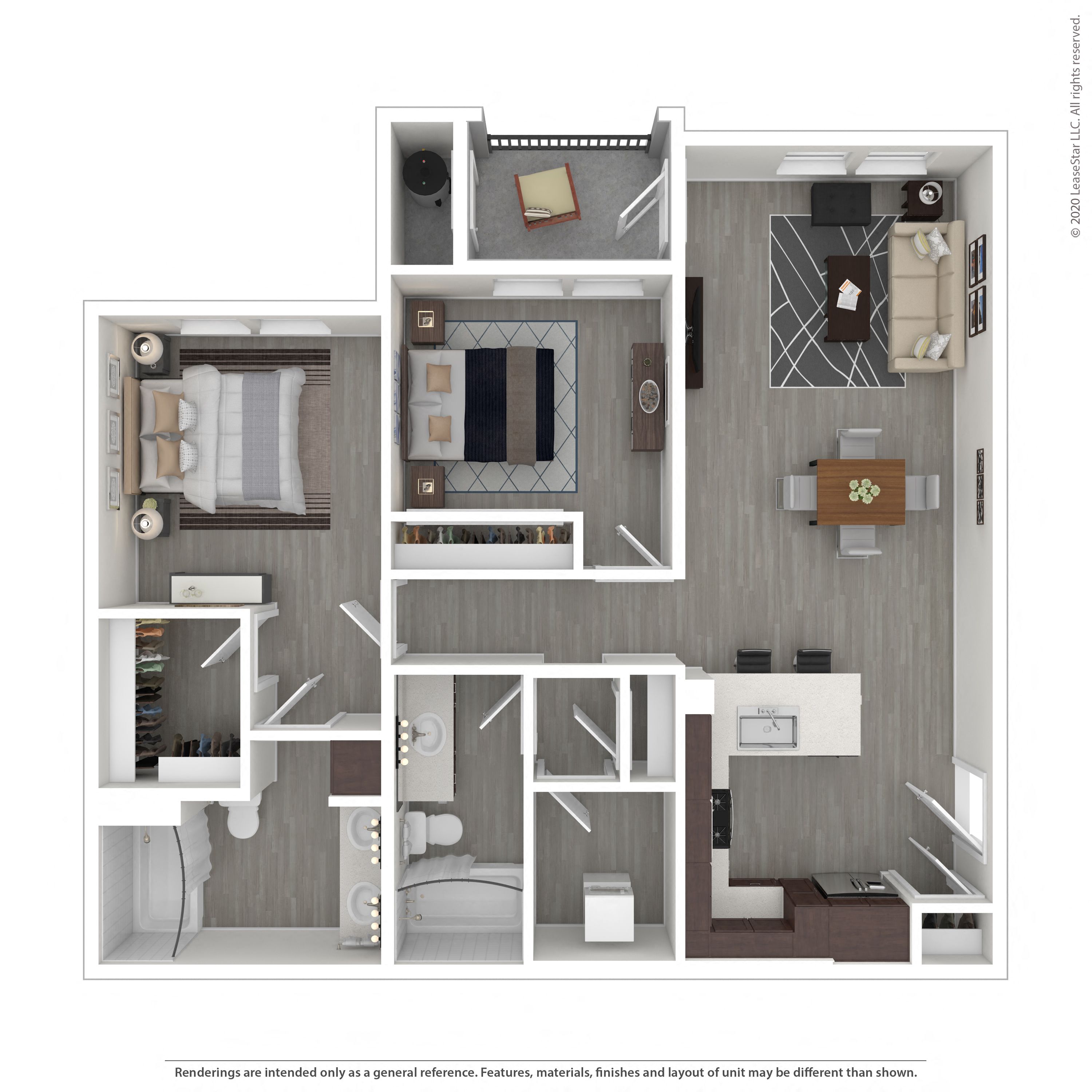 2 Bedroom, 2 Bathroom Floor Plan F at Morgan Ranch Apartments, Morgan Hill, CA, 95037