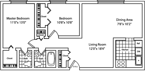 2 Bedroom 1 Bathroom withoutBalcony