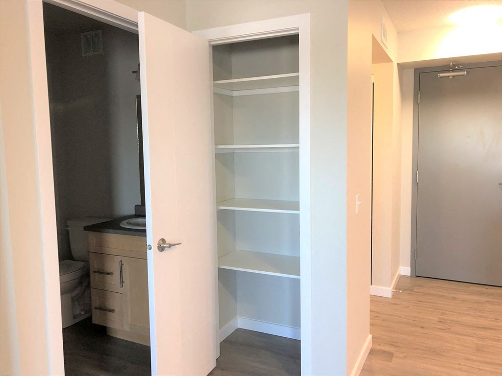 a closet with white shelves and a door open