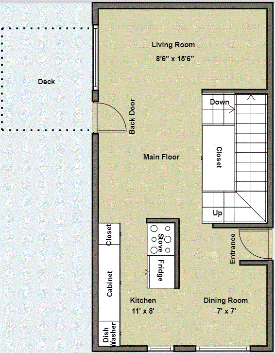 A floor plan of a house with a living room, kitchen, dining room, and a deck.