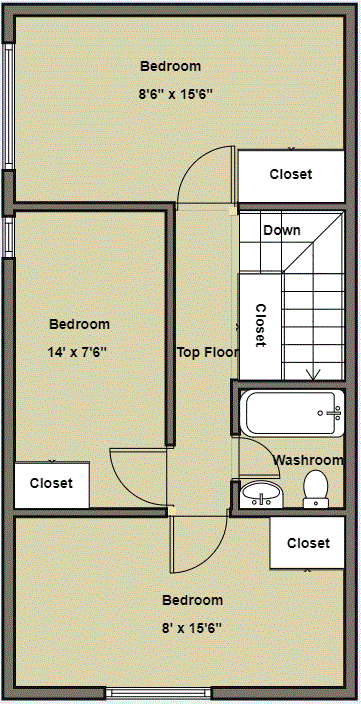 A floor plan of a house with three bedrooms and a top floor bathroom.