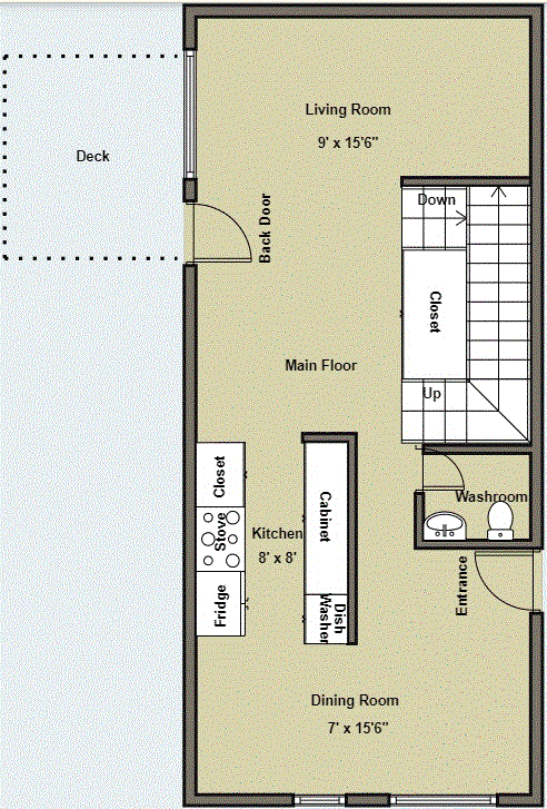 A floor plan of a house with a deck and a dining room.