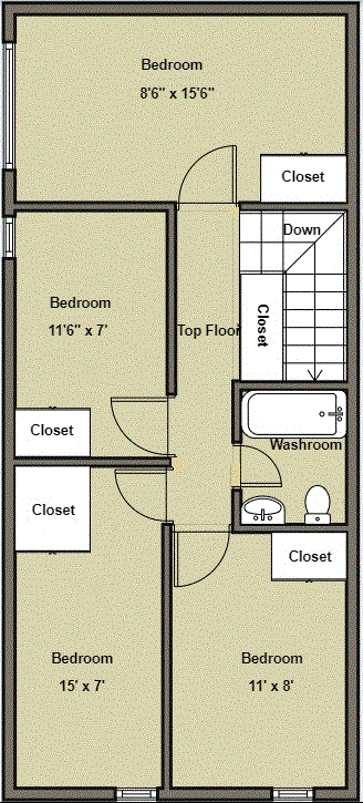 A floor plan of a house with three bedrooms and closets.